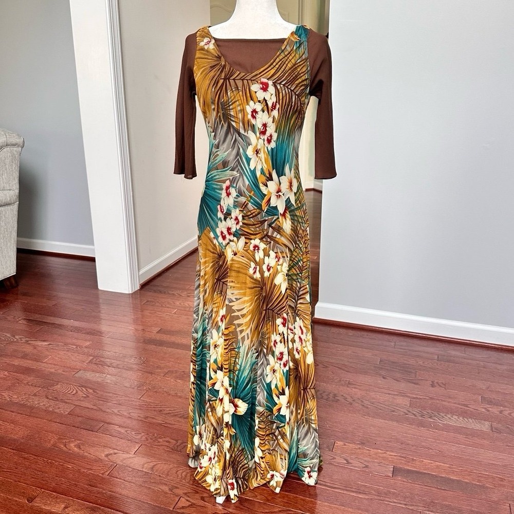 Vintage Y2K 2000s Jones New York 100% Silk Tropical Floral Brown Maxi Dress